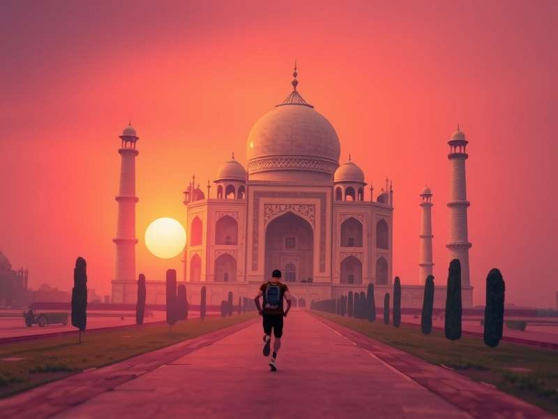 Sunset Marathon Hero Taj gameplay screenshot showing player running past Taj Mahal